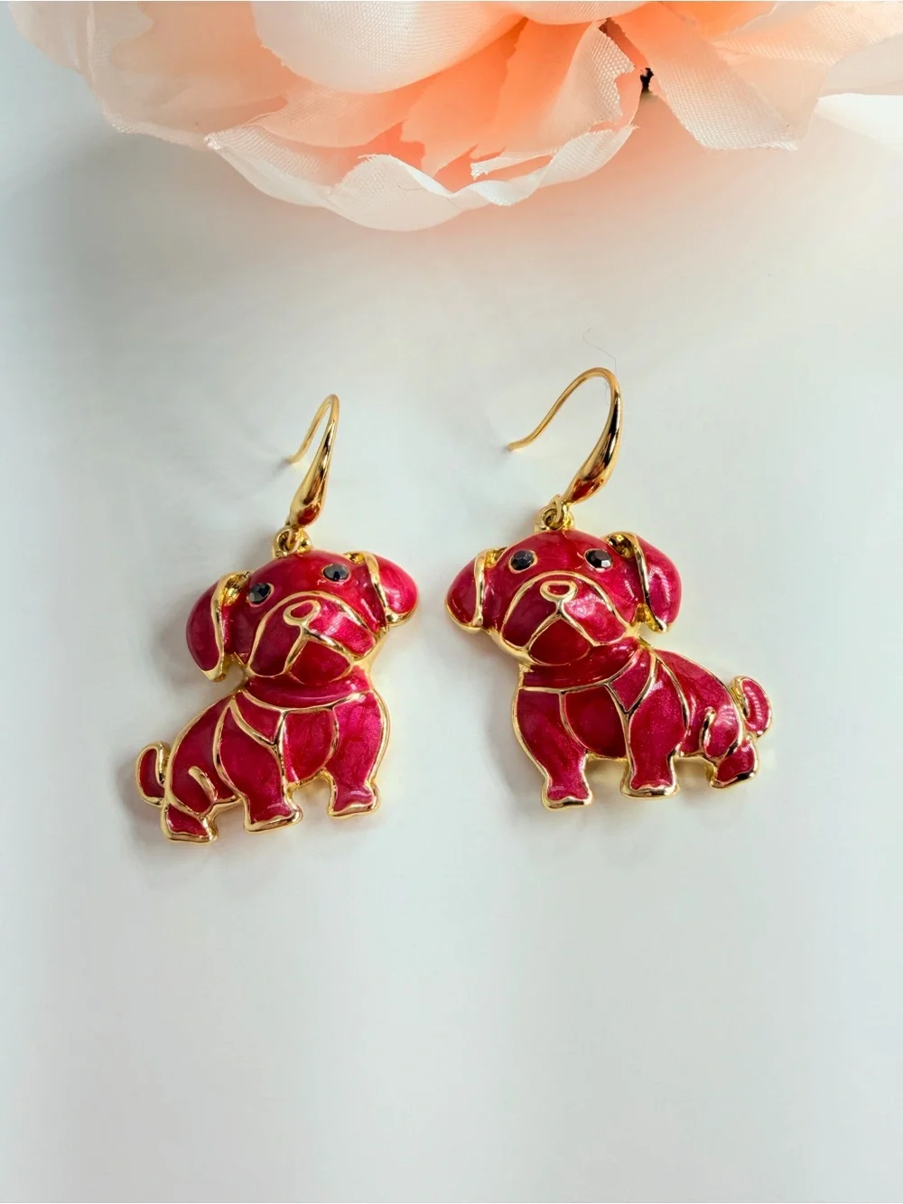 Gold-Trim Red Puppy Dog Drop Earrings - Fashion Pet Jewelry